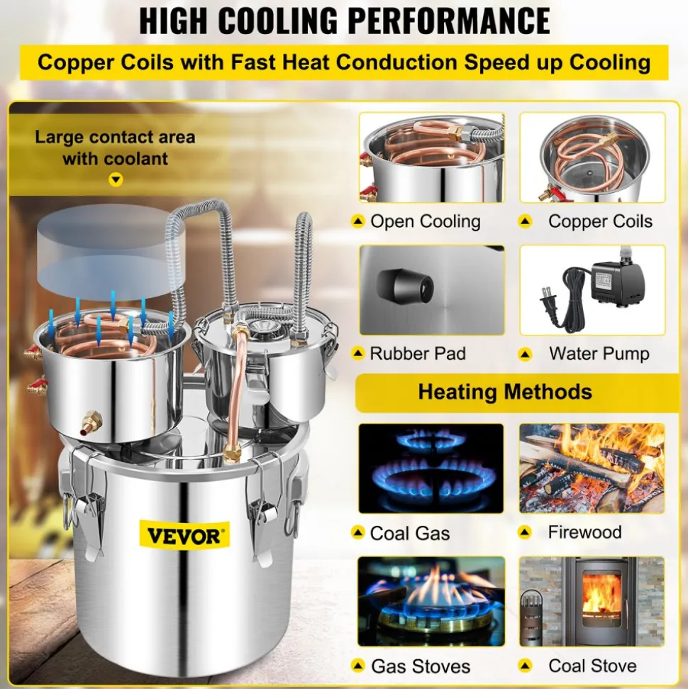 VEVOR Alcohol Still, 13.2Gal / 50L Stainless Steel Water Alcohol Distiller Copper Tube Home Brewing Kit Build-in Thermometer for DIY Whisky Wine Brandy, Silver