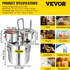 VEVOR Alcohol Still, 13.2Gal / 50L Stainless Steel Water Alcohol Distiller Copper Tube Home Brewing Kit Build-in Thermometer for DIY Whisky Wine Brandy, Silver