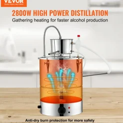 VEVOR Alcohol Still, 15 Gal 50L Water Alcohol Distiller, Home Distillery Kit include Stainless Steel Tube & Pump & One-way Exhaust Valve & Thermometer (30-120℃ ) for DIY Whisky Wine Brandy, Silver