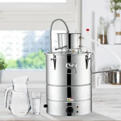 VEVOR Alcohol Still, 15 Gal 50L Water Alcohol Distiller, Home Distillery Kit include Stainless Steel Tube & Pump & One-way Exhaust Valve & Thermometer (30-120℃ ) for DIY Whisky Wine Brandy, Silver