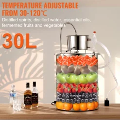 VEVOR Alcohol Still, 9 Gal 30L Water Alcohol Distiller, Home Distillery Kit include Stainless Steel Tube & Pump & One-way Exhaust Valve & Thermometer (30-120℃ ) for DIY Whisky Wine Brandy, Silver