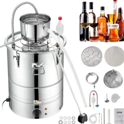 VEVOR Alcohol Still, 9 Gal 30L Water Alcohol Distiller, Home Distillery Kit include Stainless Steel Tube & Pump & One-way Exhaust Valve & Thermometer (30-120℃ ) for DIY Whisky Wine Brandy, Silver