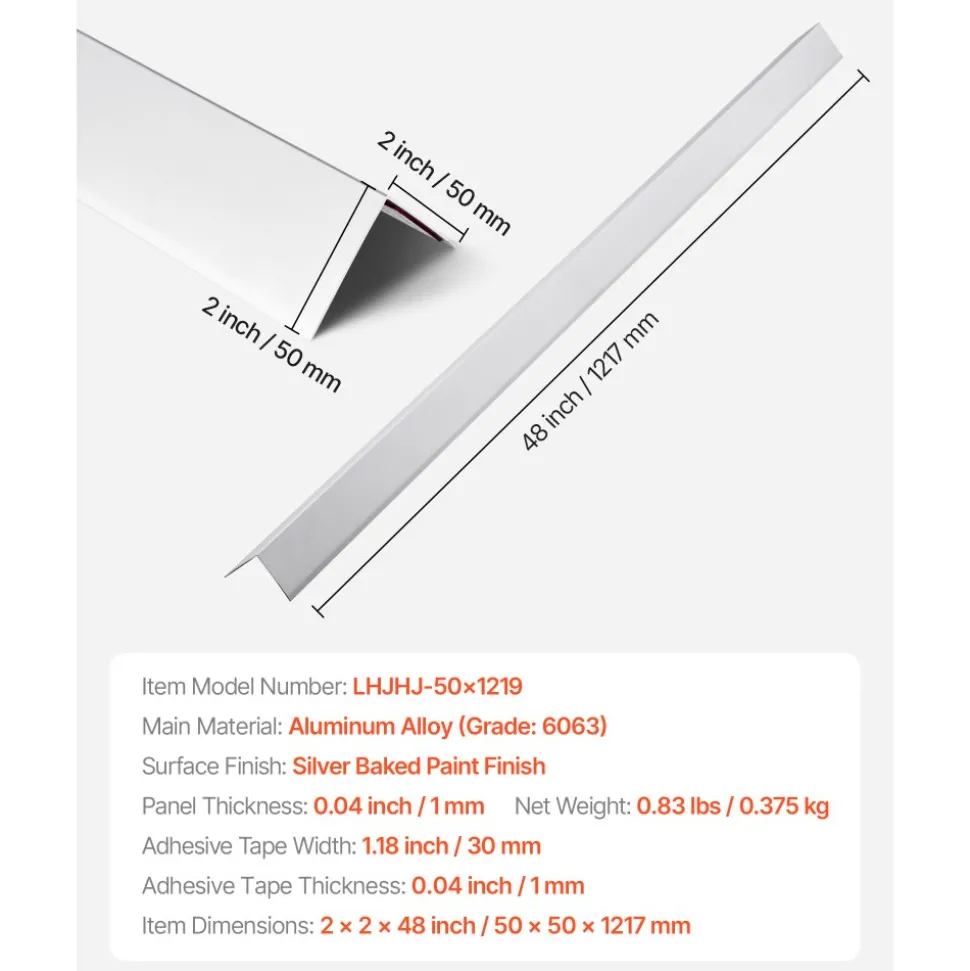 VEVOR Alluminum Alloy Wall Corner Protector, 2 x 2 x 48 inch, 12 Pack Metal Corner Guards, Edge Trim Protector 90-Degree Angle L Shape for Home,Office,Commercial Wall Protection, with 3m Tape