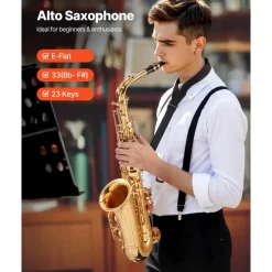 VEVOR Alto Saxophone, E Flat, Brass Saxophone Beginner Kit with Carrying Case, Mouthpiece, Straps, Cleaning Cloth Rod, Gloves, Grease, Neck Strap, 23 Keys Alto Sax Kit, for Beginners Students, Gold