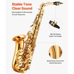 VEVOR Alto Saxophone, E Flat, Brass Saxophone Beginner Kit with Carrying Case, Mouthpiece, Straps, Cleaning Cloth Rod, Gloves, Grease, Neck Strap, 23 Keys Alto Sax Kit, for Beginners Students, Gold