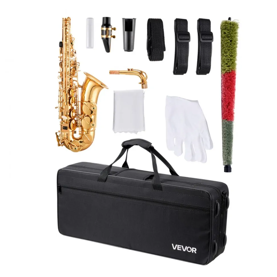 VEVOR Alto Saxophone, E Flat, Brass Saxophone Beginner Kit with Carrying Case, Mouthpiece, Straps, Cleaning Cloth Rod, Gloves, Grease, Neck Strap, 23 Keys Alto Sax Kit, for Beginners Students, Gold
