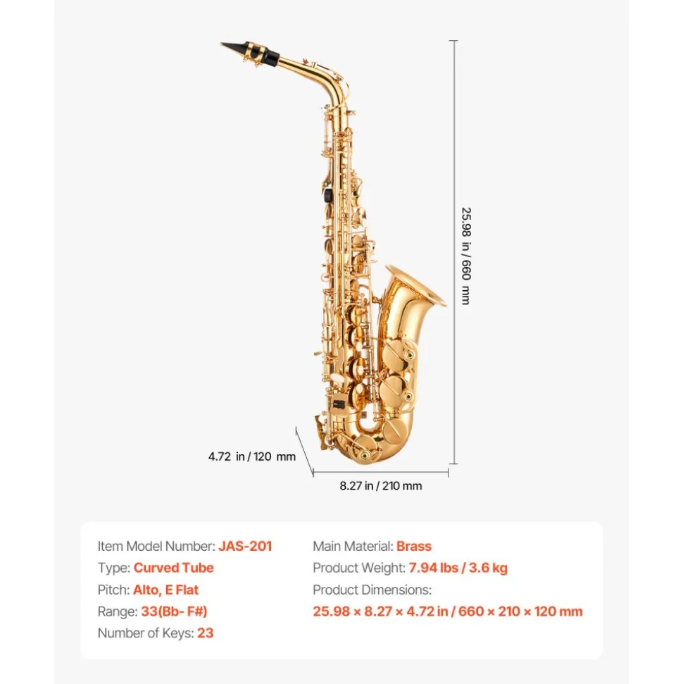 VEVOR Alto Saxophone, E Flat, Brass Saxophone Beginner Kit with Carrying Case, Mouthpiece, Straps, Cleaning Cloth Rod, Gloves, Grease, Neck Strap, 23 Keys Alto Sax Kit, for Beginners Students, Gold