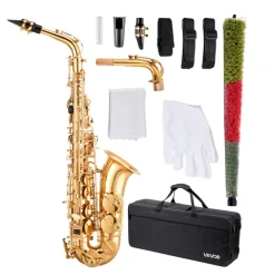 VEVOR Alto Saxophone, E Flat, Brass Saxophone Beginner Kit with Carrying Case, Mouthpiece, Straps, Cleaning Cloth Rod, Gloves, Grease, Neck Strap, 23 Keys Alto Sax Kit, for Beginners Students, Gold