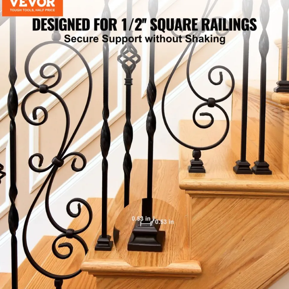 VEVOR Aluminum Alloy Baluster Shoes Square Balusters Baluster Wrought Spindles for Staircase Slant Shoes with Screw Holes for 1/2 Inch Staircase Balusters, Black (50 Pcs)(Screws Sold Separately)