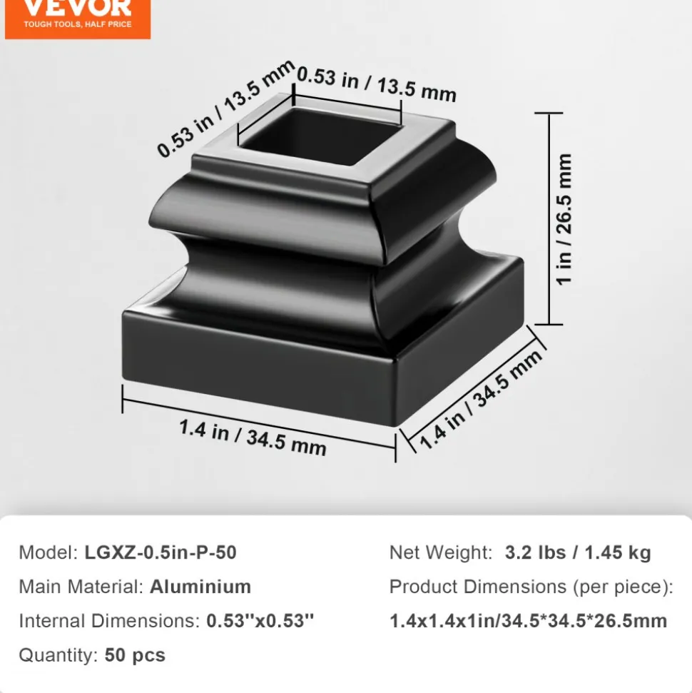 VEVOR Aluminum Alloy Baluster Shoes Square Balusters Baluster Wrought Spindles for Staircase Slant Shoes with Screw Holes for 1/2 Inch Staircase Balusters, Black (50 Pcs)(Screws Sold Separately)