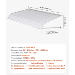 VEVOR Aluminum Awning 60 x 42 in, Durable Window Awning Door Canopy, Lightweight and Stable Aluminum Awnings for Doors Exterior Rain Snow Sunlight Protection for Door Entrance Windows Patio Porch