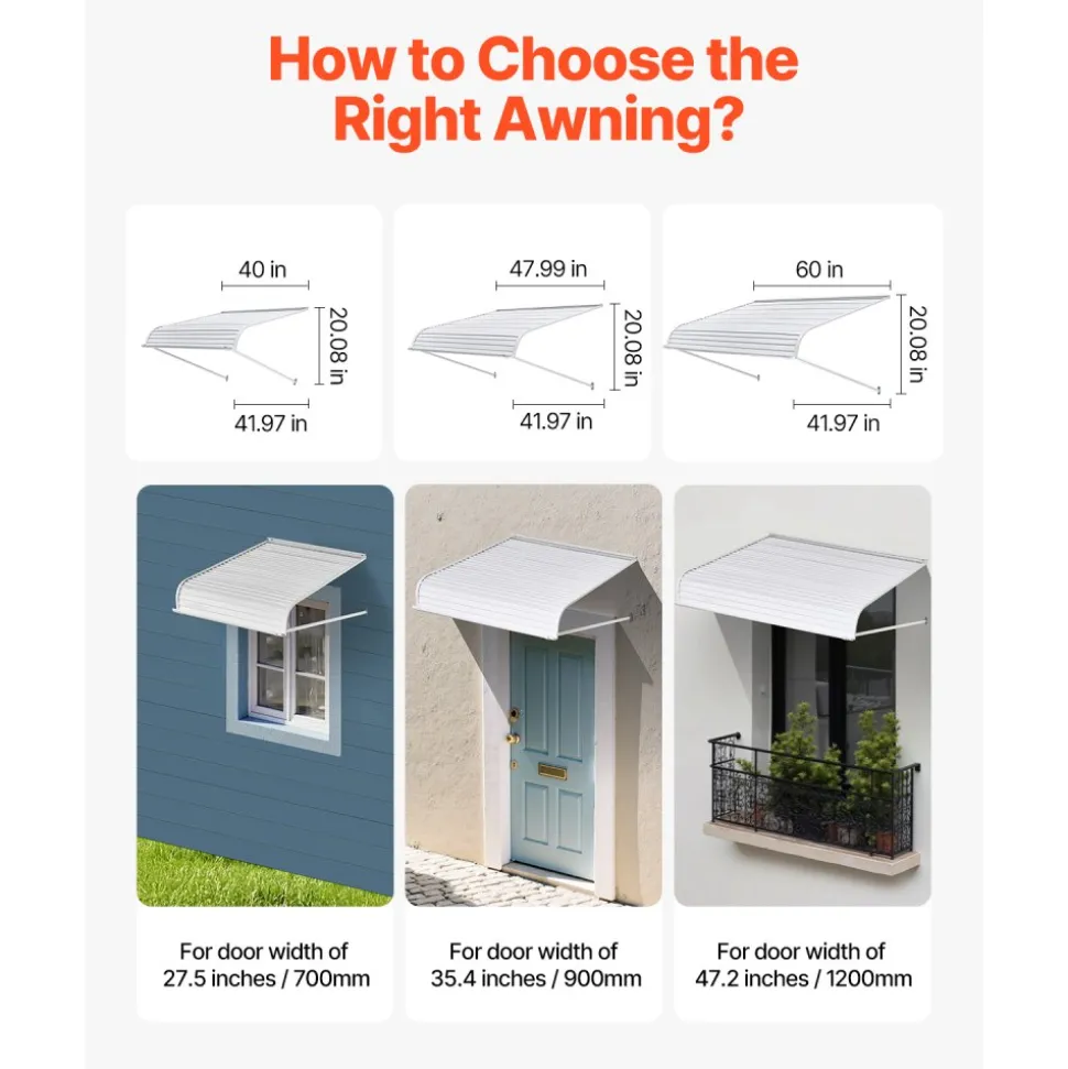 VEVOR Aluminum Awning 48 x 42 in, Durable Window Awning Door Canopy, Lightweight and Stable Aluminum Exterior Awnings Rain Snow Sunlight Protection for Door Entrance Windows Patio Porch