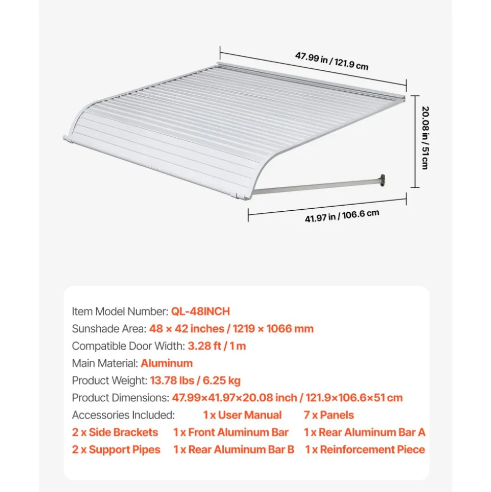 VEVOR Aluminum Awning 48 x 42 in, Durable Window Awning Door Canopy, Lightweight and Stable Aluminum Exterior Awnings Rain Snow Sunlight Protection for Door Entrance Windows Patio Porch