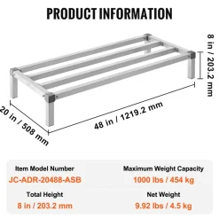VEVOR Aluminum Dunnage Rack, 48” x 20” Commercial Food Floor Rack, 8” Off the Floor, 1000 lbs Capacity All-Welded Aluminum Storage Rack, for Storage in Restaurants, Kitchens, Garages and Vehicles