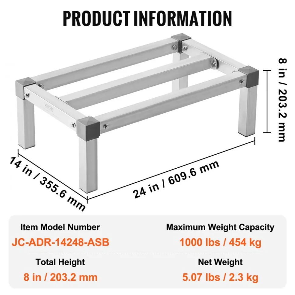 VEVOR Aluminum Dunnage Rack, 48” x 14” Commercial Food Floor Rack, 8” Off the Floor, 1000 lbs Capacity All-Welded Aluminum Storage Rack, for Storage in Restaurants, Kitchens, Garages and Vehicles
