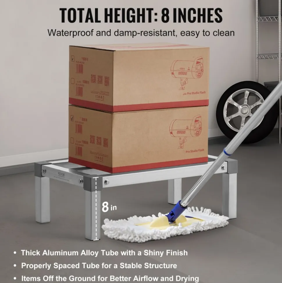 VEVOR Aluminum Dunnage Rack, 48” x 14” Commercial Food Floor Rack, 8” Off the Floor, 1000 lbs Capacity All-Welded Aluminum Storage Rack, for Storage in Restaurants, Kitchens, Garages and Vehicles