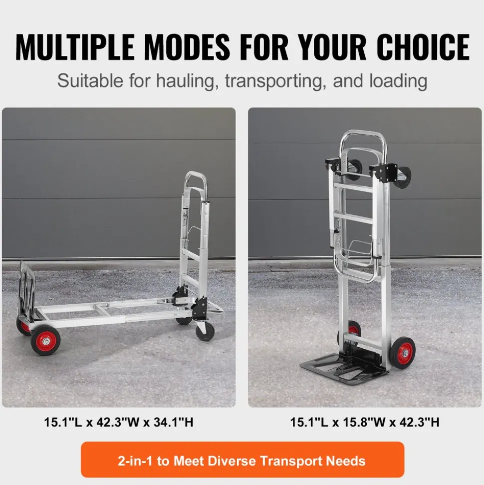 VEVOR Aluminum Folding Hand Truck, 2 in 1 Design 400 lbs Capacity, Heavy Duty Industrial Collapsible cart, Dolly Cart with Rubber Wheels for Transport and Moving in Warehouse, Supermarket, Garden
