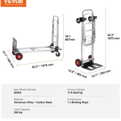 VEVOR Aluminum Folding Hand Truck, 2 in 1 Design 400 lbs Capacity, Heavy Duty Industrial Collapsible cart, Dolly Cart with Rubber Wheels for Transport and Moving in Warehouse, Supermarket, Garden