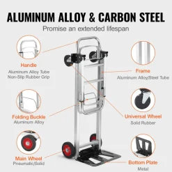 VEVOR Aluminum Folding Hand Truck, 2 in 1 Design 400 lbs Capacity, Heavy Duty Industrial Collapsible cart, Dolly Cart with Rubber Wheels for Transport and Moving in Warehouse, Supermarket, Garden