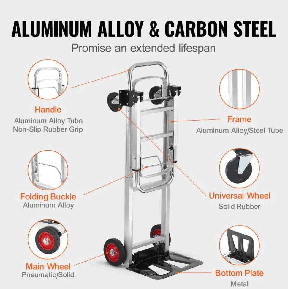 VEVOR Aluminum Folding Hand Truck, 2 in 1 Design 400 lbs Capacity, Heavy Duty Industrial Collapsible cart, Dolly Cart with Rubber Wheels for Transport and Moving in Warehouse, Supermarket, Garden