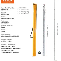 VEVOR Aluminum Grade Rod, 20-Feet/10ths 6 Sections Telescopic Measuring Rod,Double-Sided Scale 1/10ft Leveling Rod Stick, Aluminum Alloy Survey Rod w/ Bubble Level &Carrying Bag for Houses,Walls,Floor