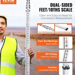 VEVOR Aluminum Grade Rod, 20-Feet/10ths 6 Sections Telescopic Measuring Rod,Double-Sided Scale 1/10ft Leveling Rod Stick, Aluminum Alloy Survey Rod w/ Bubble Level &Carrying Bag for Houses,Walls,Floor
