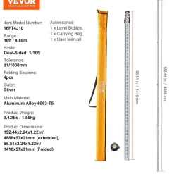 VEVOR Aluminum Grade Rod, 16-Feet/10ths 4 Sections Telescopic Measuring Rod,Double-Sided Scale 1/10ft Leveling Rod Stick,Aluminum Alloy Survey Rod w/ Bubble Level &Carrying Bag for Houses,Walls,Floors