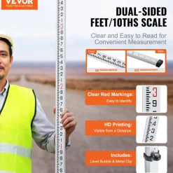 VEVOR Aluminum Grade Rod, 16-Feet/10ths 4 Sections Telescopic Measuring Rod,Double-Sided Scale 1/10ft Leveling Rod Stick,Aluminum Alloy Survey Rod w/ Bubble Level &Carrying Bag for Houses,Walls,Floors