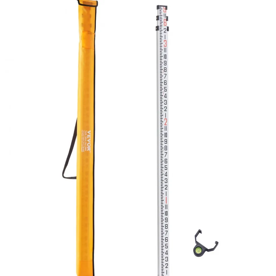VEVOR Aluminum Grade Rod, 9-Feet/10ths 3 Sections Telescopic Measuring Rod,Double-Sided Scale 1/10ft Leveling Rod Stick,Aluminum Alloy Survey Rod with Bubble Level&Carrying Bag for Houses,Walls,Floors