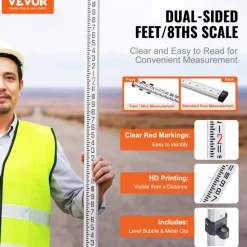 VEVOR Aluminum Grade Rod, 9-Feet/10ths 3 Sections Telescopic Measuring Rod,Double-Sided Scale 1/10ft Leveling Rod Stick,Aluminum Alloy Survey Rod with Bubble Level&Carrying Bag for Houses,Walls,Floors