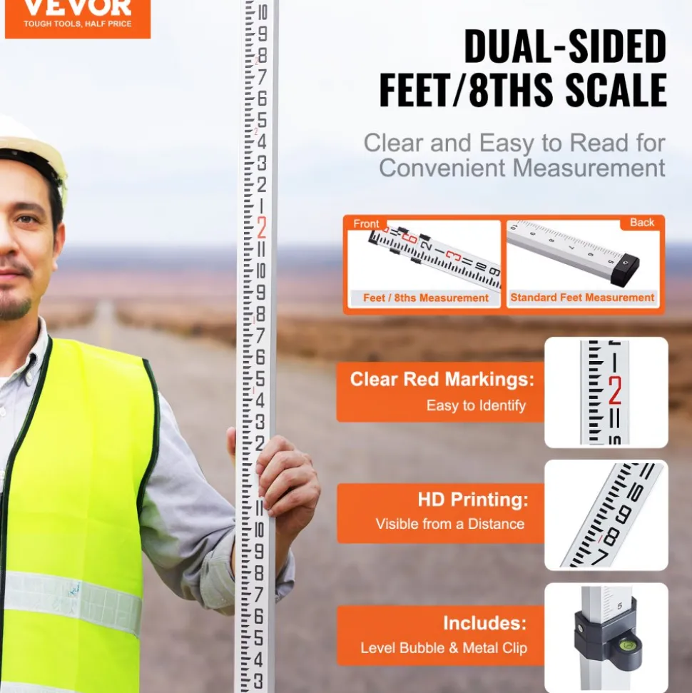 VEVOR Aluminum Grade Rod, 9-Feet/10ths 3 Sections Telescopic Measuring Rod,Double-Sided Scale 1/10ft Leveling Rod Stick,Aluminum Alloy Survey Rod with Bubble Level&Carrying Bag for Houses,Walls,Floors