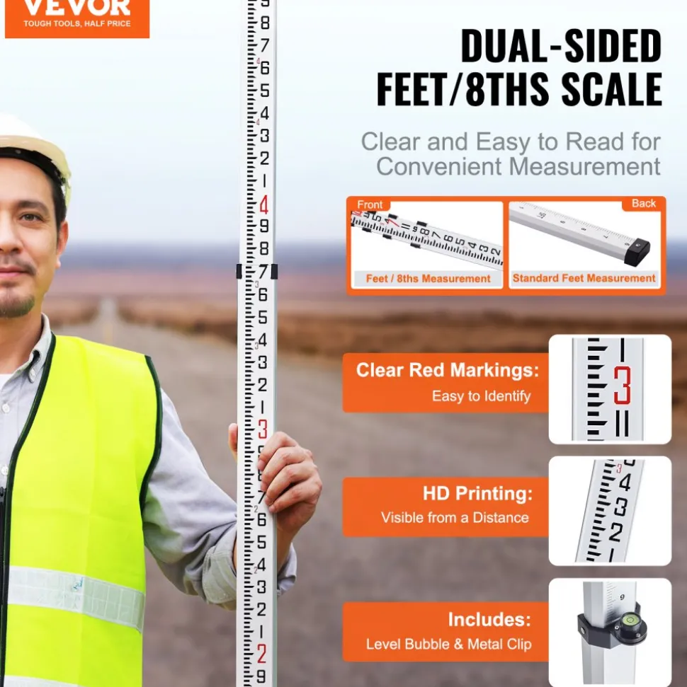 VEVOR Aluminum Grade Rod, 14-Feet/8ths 4 Sections Telescopic Measuring Rod, Double-Sided Scale 1/8in Leveling Rod Stick, Aluminum Alloy Survey Rod w/ Bubble Level &Carrying Bag for Houses,Walls,Floors