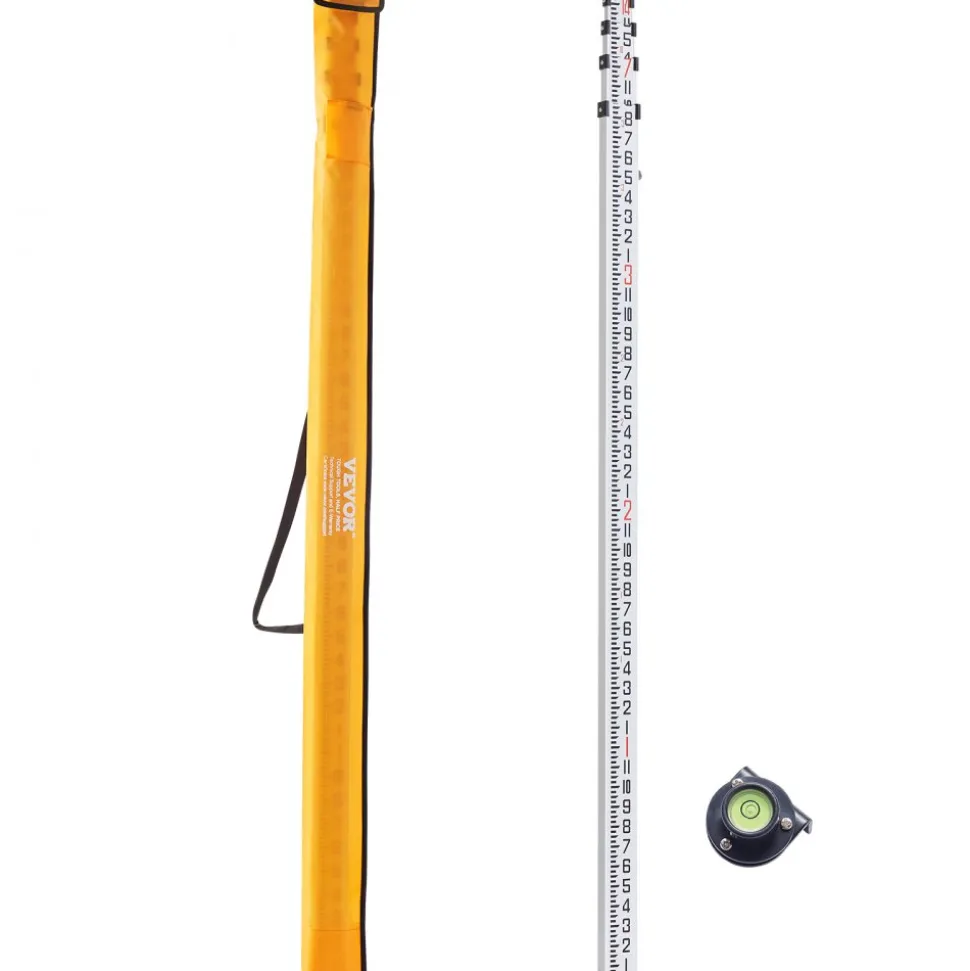 VEVOR Aluminum Grade Rod, 14-Feet/8ths 4 Sections Telescopic Measuring Rod, Double-Sided Scale 1/8in Leveling Rod Stick, Aluminum Alloy Survey Rod w/ Bubble Level &Carrying Bag for Houses,Walls,Floors