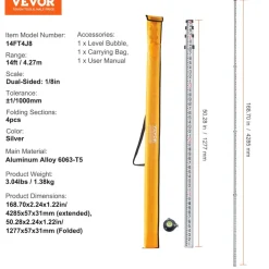 VEVOR Aluminum Grade Rod, 14-Feet/8ths 4 Sections Telescopic Measuring Rod, Double-Sided Scale 1/8in Leveling Rod Stick, Aluminum Alloy Survey Rod w/ Bubble Level &Carrying Bag for Houses,Walls,Floors