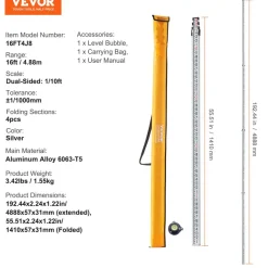 VEVOR Aluminum Grade Rod, 16-Feet/8ths 4 Sections Telescopic Measuring Rod,Double-Sided Scale 1/8in Leveling Rod Stick,Aluminum Alloy Survey Rod with Bubble Level &Carrying Bag for Houses,Walls,Floors