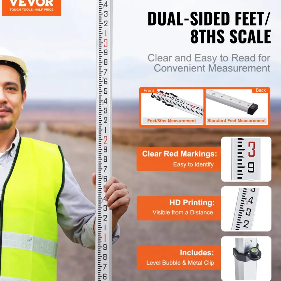VEVOR Aluminum Grade Rod, 16-Feet/8ths 4 Sections Telescopic Measuring Rod,Double-Sided Scale 1/8in Leveling Rod Stick,Aluminum Alloy Survey Rod with Bubble Level &Carrying Bag for Houses,Walls,Floors