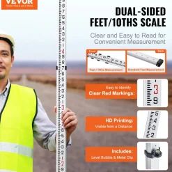 VEVOR Aluminum Grade Rod, 14-Feet/10ths 6 Sections Telescopic Measuring Rod,Double-Sided Scale 1/10 ft Leveling Rod Stick,Aluminum Alloy Survey Rod w/ Bubble Level&Carrying Bag for Houses,Walls,Floors