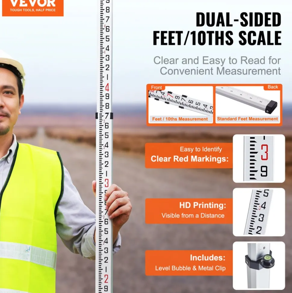 VEVOR Aluminum Grade Rod, 14-Feet/10ths 6 Sections Telescopic Measuring Rod,Double-Sided Scale 1/10 ft Leveling Rod Stick,Aluminum Alloy Survey Rod w/ Bubble Level&Carrying Bag for Houses,Walls,Floors