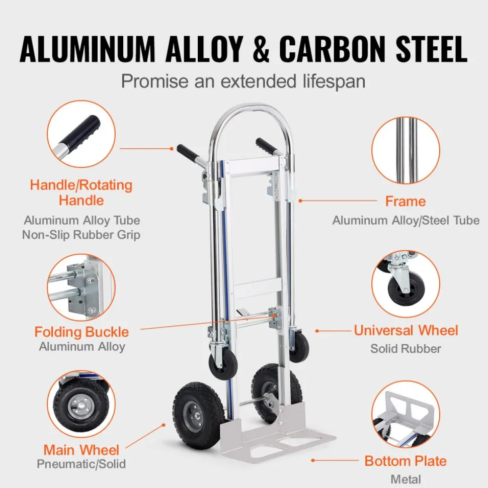 VEVOR Aluminum Hand Truck, 2 in 1, 800 lbs Load Capacity, Heavy Duty Industrial Convertible Folding Hand Truck and Dolly, Utility Cart Converts from Hand Truck to Platform Cart with Rubber Wheels