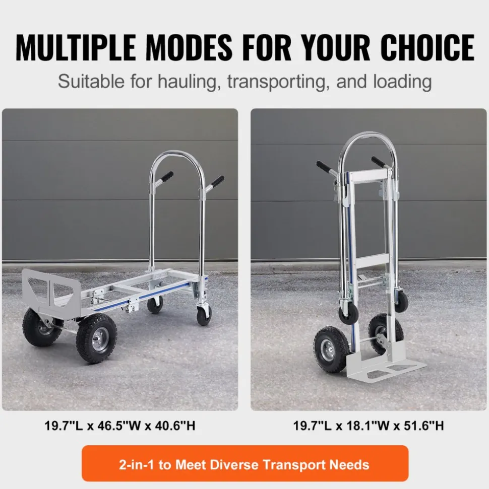 VEVOR Aluminum Hand Truck, 2 in 1, 800 lbs Load Capacity, Heavy Duty Industrial Convertible Folding Hand Truck and Dolly, Utility Cart Converts from Hand Truck to Platform Cart with Rubber Wheels