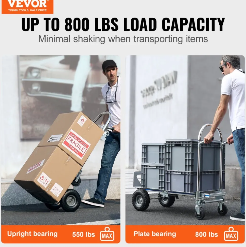 VEVOR Aluminum Hand Truck, 2 in 1, 800 lbs Load Capacity, Heavy Duty Industrial Convertible Folding Hand Truck and Dolly, Utility Cart Converts from Hand Truck to Platform Cart with Rubber Wheels