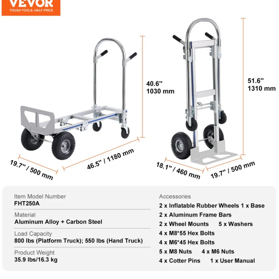 VEVOR Aluminum Hand Truck, 2 in 1, 800 lbs Load Capacity, Heavy Duty Industrial Convertible Folding Hand Truck and Dolly, Utility Cart Converts from Hand Truck to Platform Cart with Rubber Wheels