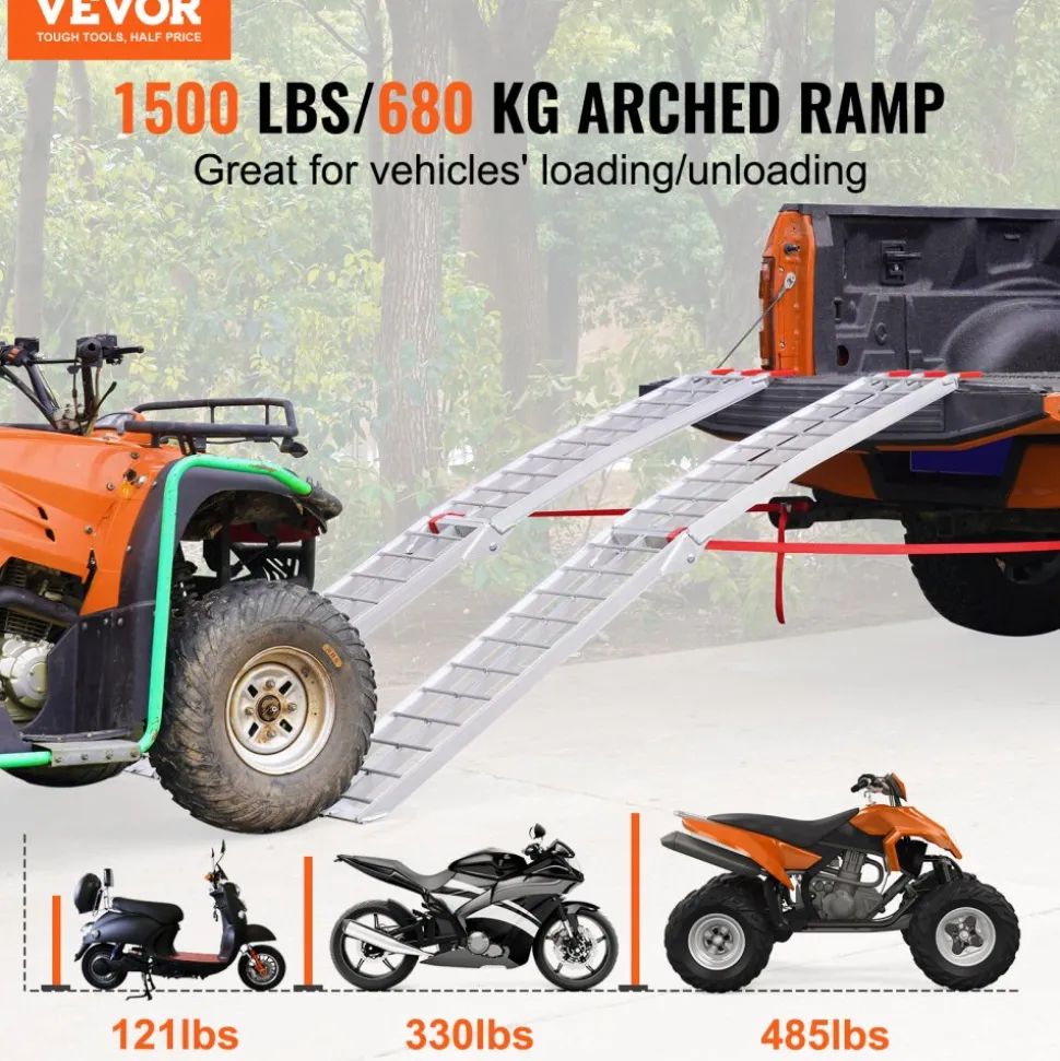 VEVOR Aluminum Ramps, 1500 lbs Folding Loading Ramps for Pickup Trucks Bed, Trailers Ramp with Load Straps for Dirt Bike, UTV, ATV, Trucks, Lawn Mowers, Snowblower, Cargo Trailer, 89"L x 12"W, 2 Pcs