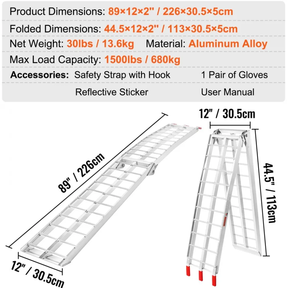 VEVOR Aluminum Ramps, 1500 lbs Folding Loading Ramps for Pickup Trucks Bed, Trailers Ramp with Load Straps for Dirt Bike, UTV, ATV, Trucks, Lawn Mowers, Snowblower, Cargo Trailer, 89"L x 12"W, 2 Pcs