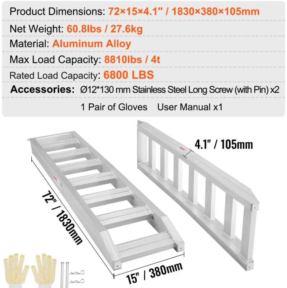 VEVOR Aluminum Ramps, 6800 lbs, Heavy-duty Ramps with Top Hook Attaching End, Universal Loading Ramp for Motorcycle, Tractor, ATV/UTV, Trucks, Lawn Mower, 72"L x 15"W, 2Pcs