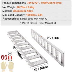 VEVOR Aluminum Ramps, 1250lbs, Straight Ramp with Treads and Load Straps, Portable Loading Ramp for Motorcycles, ATVs, Trucks, Lawn Mower, Dirt Bike, Garden Tractor, 78