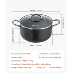 VEVOR Aluminum Stock Pot, 6-Quart Nonstick Ceramic Coated Pot with Glass Lid, PFOA-Free, PFAS-Free, Compatible with Gas Stoves, Induction Cooktops, Electric Stoves, for Soups, Stews, and Pasta