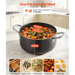 VEVOR Aluminum Stock Pot, 6-Quart Nonstick Ceramic Coated Pot with Glass Lid, PFOA-Free, PFAS-Free, Compatible with Gas Stoves, Induction Cooktops, Electric Stoves, for Soups, Stews, and Pasta