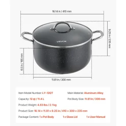 VEVOR Aluminum Stock Pot, 12-Quart Nonstick Ceramic Coated Pot with Glass Lid, PFOA-Free, PFAS-Free, Compatible with Gas Stoves, Induction Cooktops, Electric Stoves, for Soups, Stews, and Pasta
