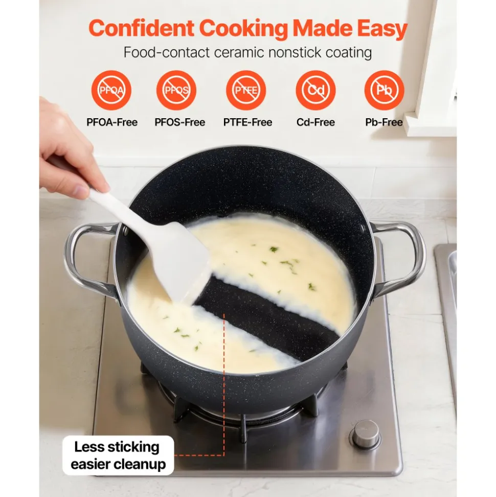 VEVOR Aluminum Stock Pot, 12-Quart Nonstick Ceramic Coated Pot with Glass Lid, PFOA-Free, PFAS-Free, Compatible with Gas Stoves, Induction Cooktops, Electric Stoves, for Soups, Stews, and Pasta